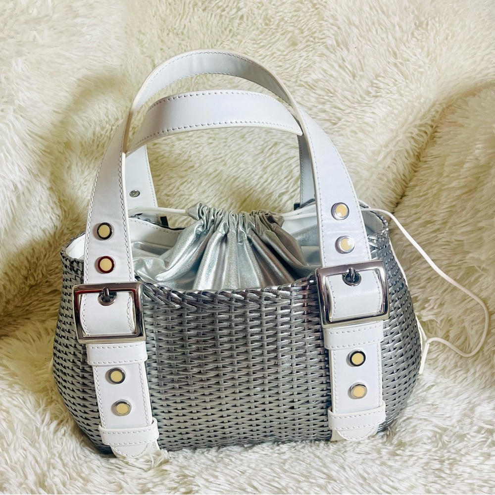 Maxx New York Silver Woven Shoulder Bag with White Strap Accents